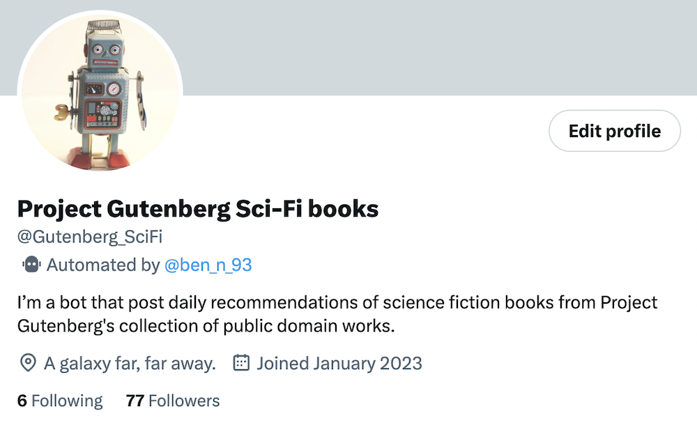 Screenshot of the Project Gutenberg Sci-Fi books Twitter account